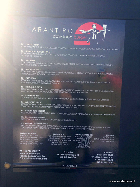 Kraków - Tarantiro - Menu